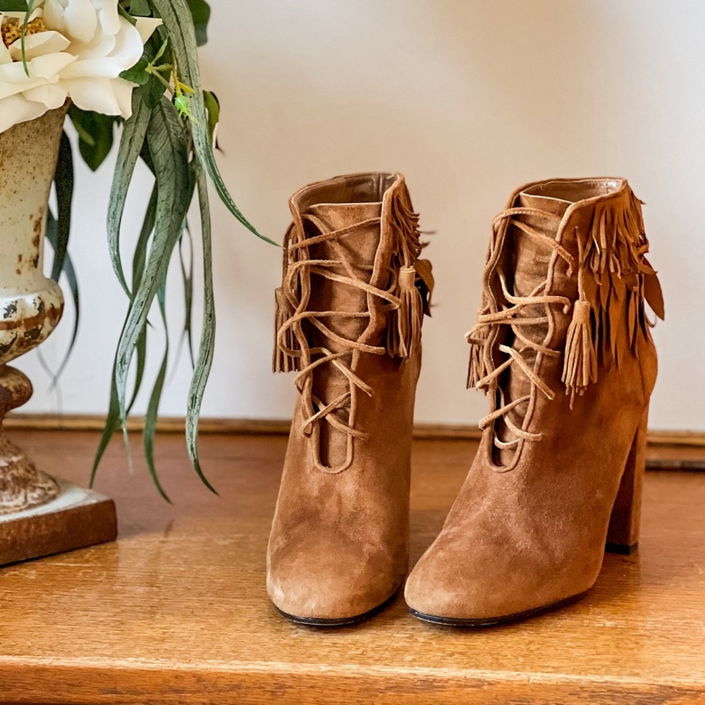 Aquazzura Woodstock  Brown Suede Fringe Booties Size 41 US Size 10 - Picture 3 of 6